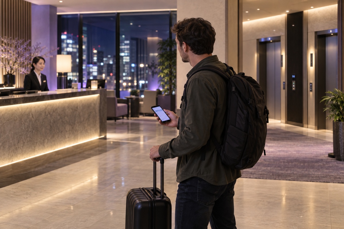 An illustrative hotel lobby with an adult traveller at the front desk