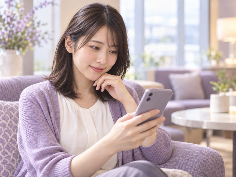 Adult woman checking a smartphone while seated in a lounge