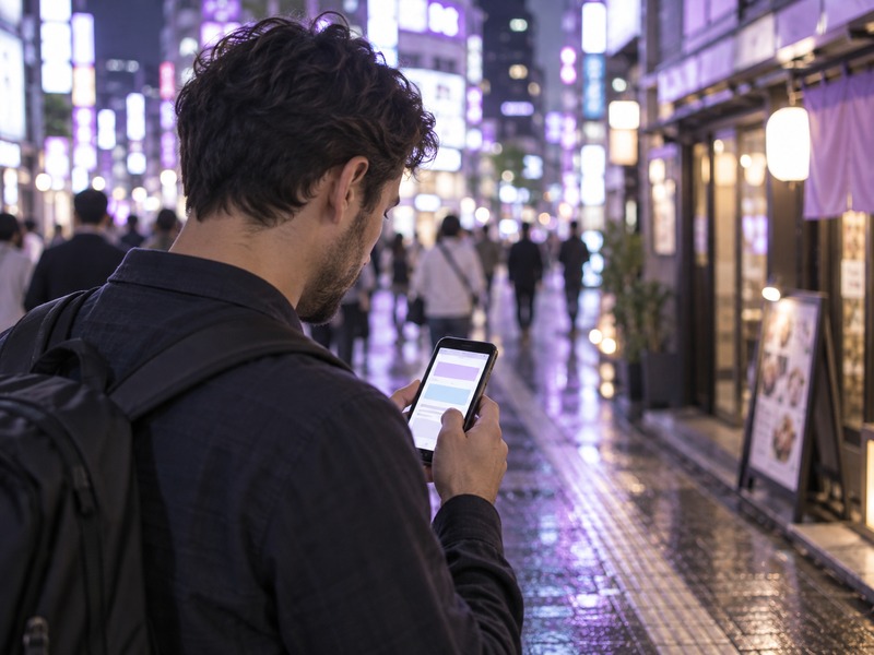 An international visitor reading a bilingual service page on a phone in Shibuya